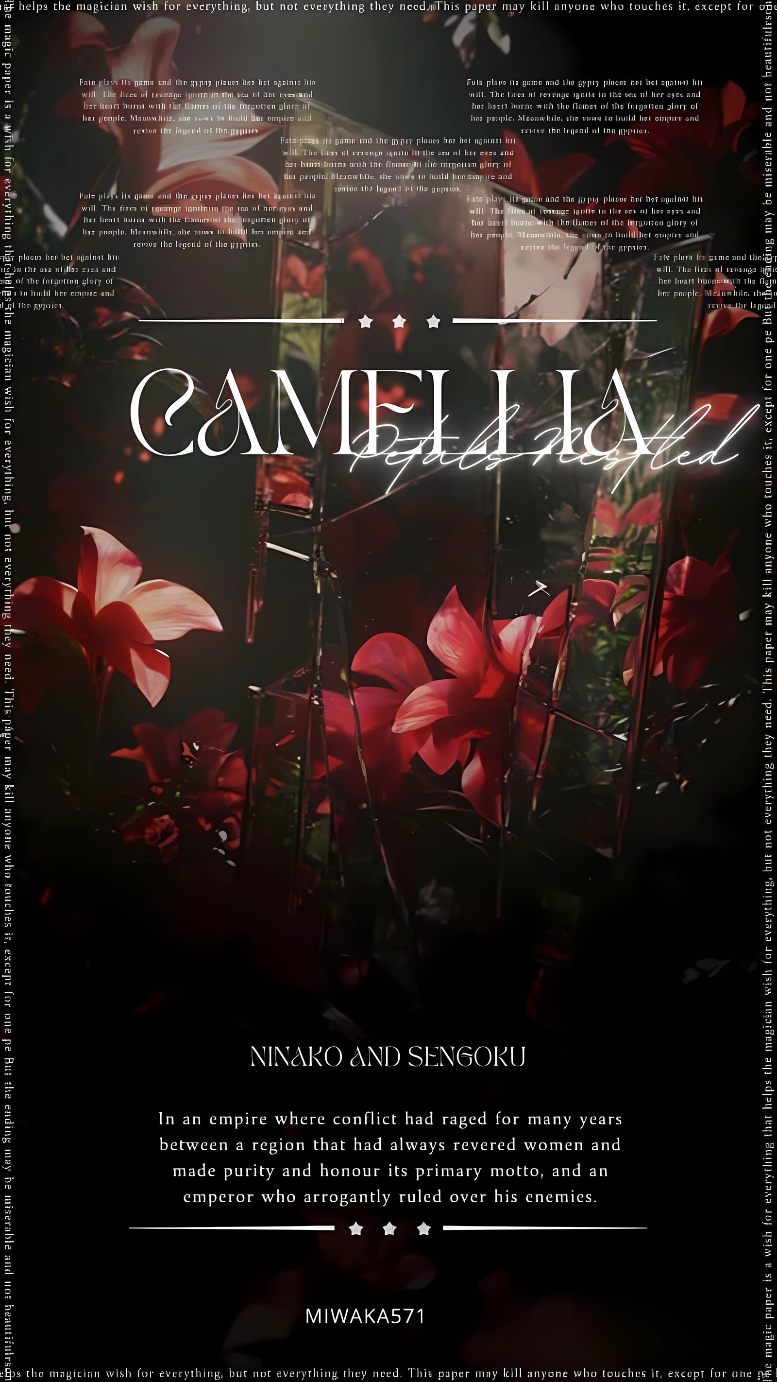 Red camellia petals in the embrace of ash 